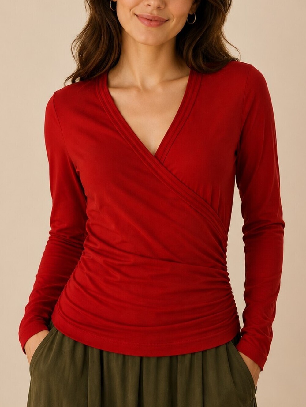 CABI Red Jersey Cotton Wrap-Style Surplice Ruched Long Sleeve Top